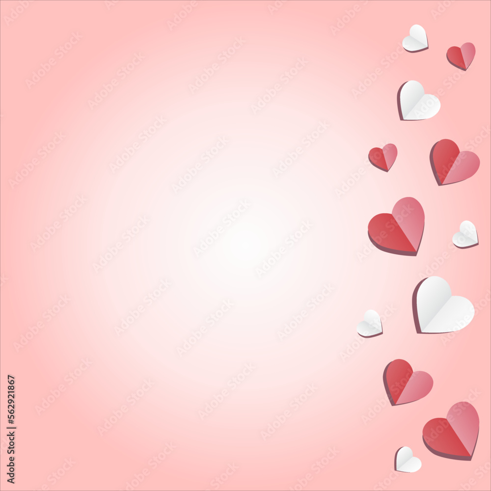 White and red paper hearts on pastel pink background.