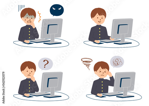パソコンを使う男子学生の表情イラストセット