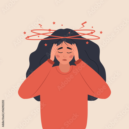 Anemia concept. Sad woman with dizziness. Unhappy girl suffers from vertigo and headache and needs medical help. Lack of iron in immune system. Vector illustration in flat cartoon style.