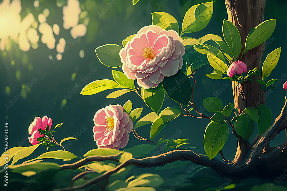 beautiful camellia flowers illustration. Generative AI. Gentle and