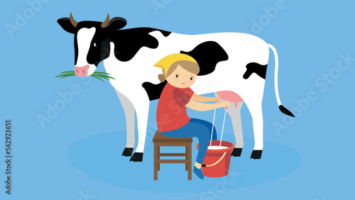 Milkmaid milking a cow - illustration