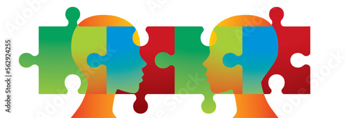 Panoramic colorful banner with human head profiles with puzzle, jigsaw pieces. Isolated on white. Vector illustration.