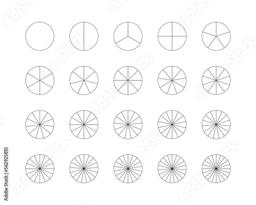 Round chart. Circle section graph. Circular structure template. Pie diagram divided into pieces. Set schemes with with 3, 6, 9 sectors.. Piechart with segments and slices. Vector illustration