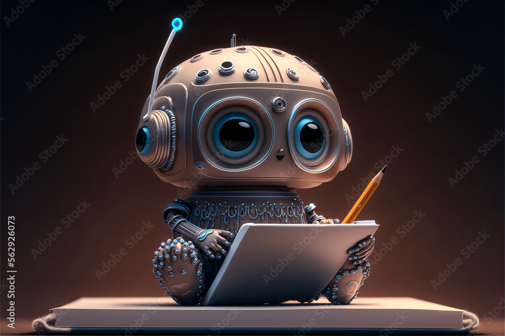 AI Copy writing bot, Artificial Intelligence Copywriter bot using chatgpt by open ai for content writing holding pencil - obrazy, fototapety, plakaty 