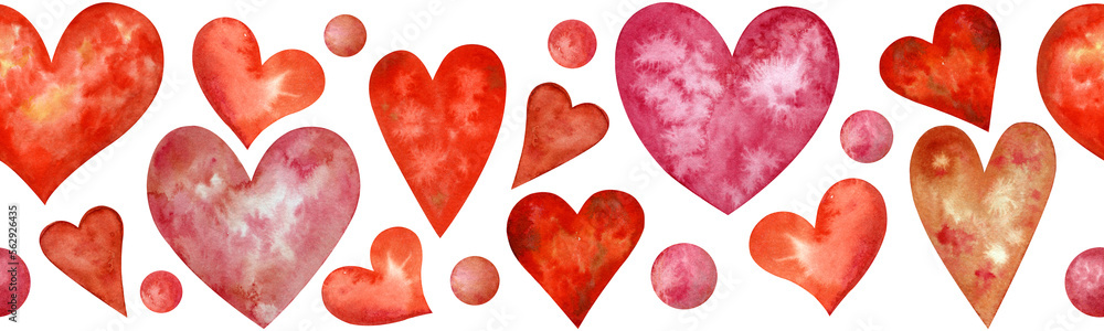 Fototapeta premium Seamless watercolor header with pink and red hearts on white background. Valentine's day border. Hand-drawn wedding illustration. Romantic background.