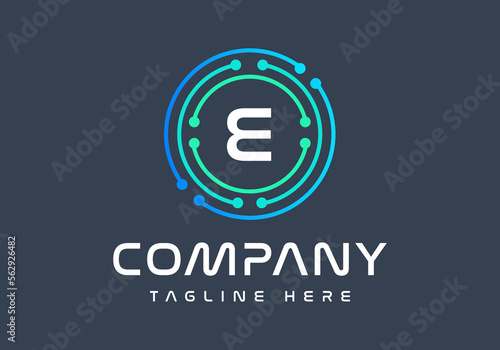Letter E logotype green and blue colors, Technology, and digital abstract dot connection logo vector.