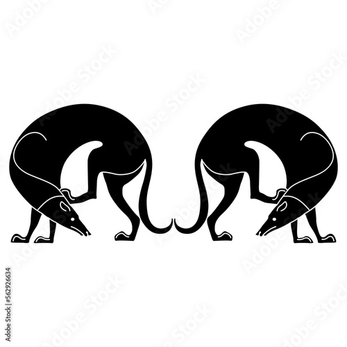 Symmetrical animal design with two scratching dogs. Ancient Greek style. Black and white silhouette. 