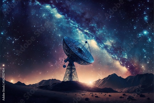 Fantasy night landscape. Milky way, nebulae. Radio telescope for cosmic research and starry night on background. AI