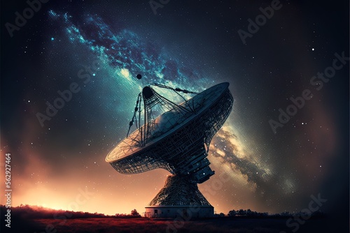 Fantasy night landscape. Milky way, nebulae. Radio telescope for cosmic research and starry night on background. AI photo