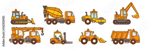mixer truck, excavator, road roller, dump truck