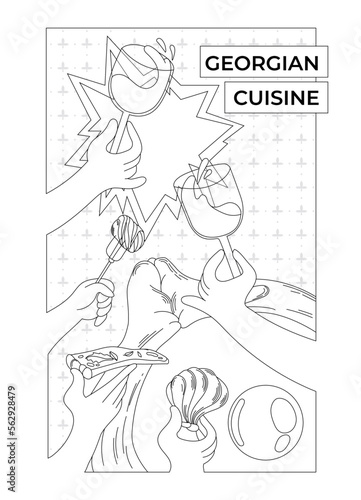 Georgian cuisine menu. A poster with hands in which various dishes of khachapuri, khinkali, meat, wine. Flat vector illustration.