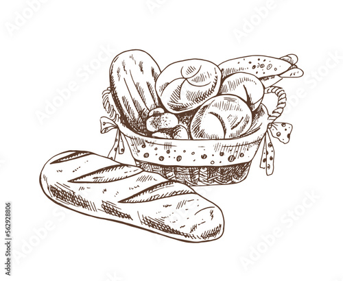 Vector hand drawn  sketch illustration of wicker basket with bread and loaf of bread. Drawing isolated on white background. Sketch icon and bakery element.