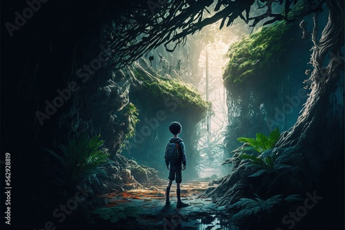 Boy standing on pandora jungle. illustration. anime. Digital painting art. digital painting style. generative AI