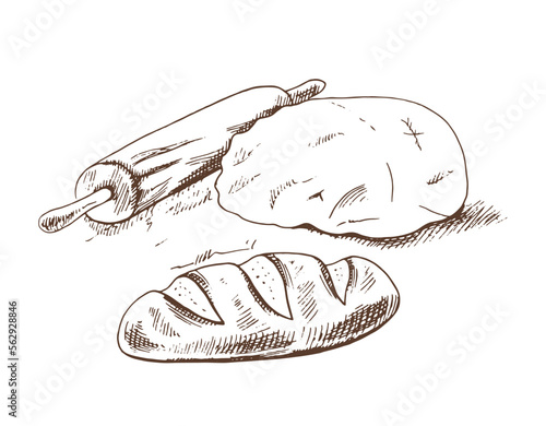 Vector hand drawn sketch  illustration of dough, rolling pin, flour and loaf of bread. Drawing isolated on white background. Sketch icon and bakery element.