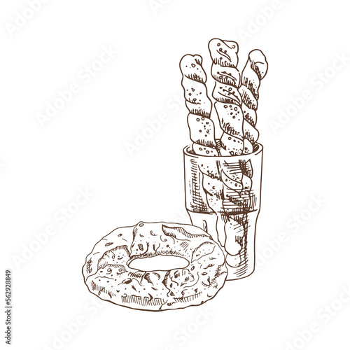 Vector hand drawn illustration of glass with baguettes and pretzel. Drawing isolated on white background. Sketch icon and bakery element.