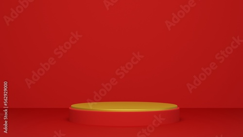 Red podium with heart for product presentation, copy space. 3d rendering. Valentine concept.