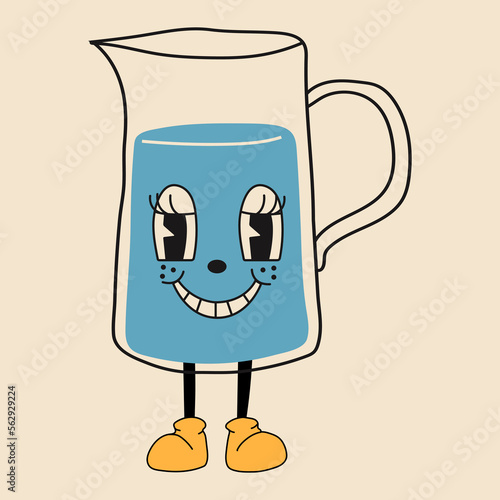 Jug of water 30s cartoon mascot character 40s, 50s, 60s old animation style.