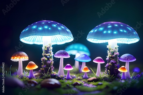 mushrooms in the grass,bioluminescent mushrooms