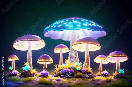 mushrooms on grass with colorful light