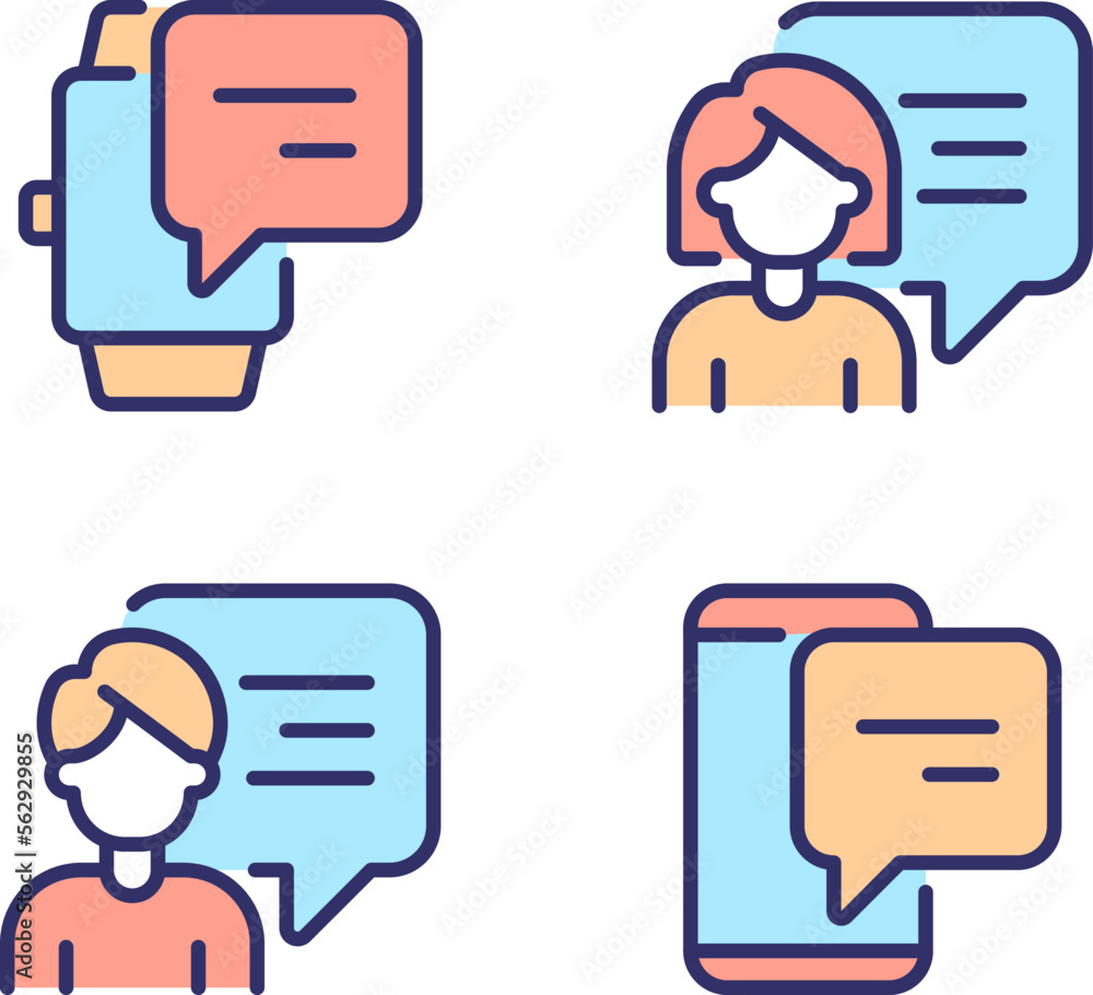 Communication with chat bubbles via gadgets pixel perfect RGB color icons set. Technology of connection. Isolated vector illustrations. Simple filled line drawings collection. Editable stroke