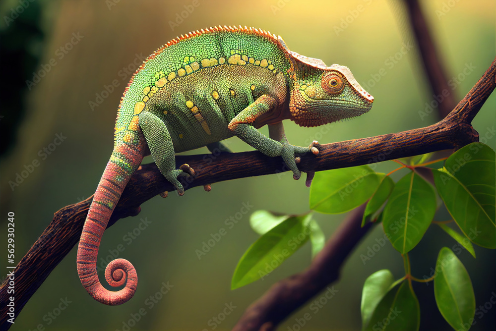 Fototapeta premium Chameleon lizard on a branch, generative ai