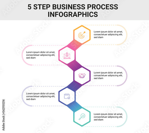 Hexagon shape loop zig zag infographics diagram. 5 Step business process infographic concept.