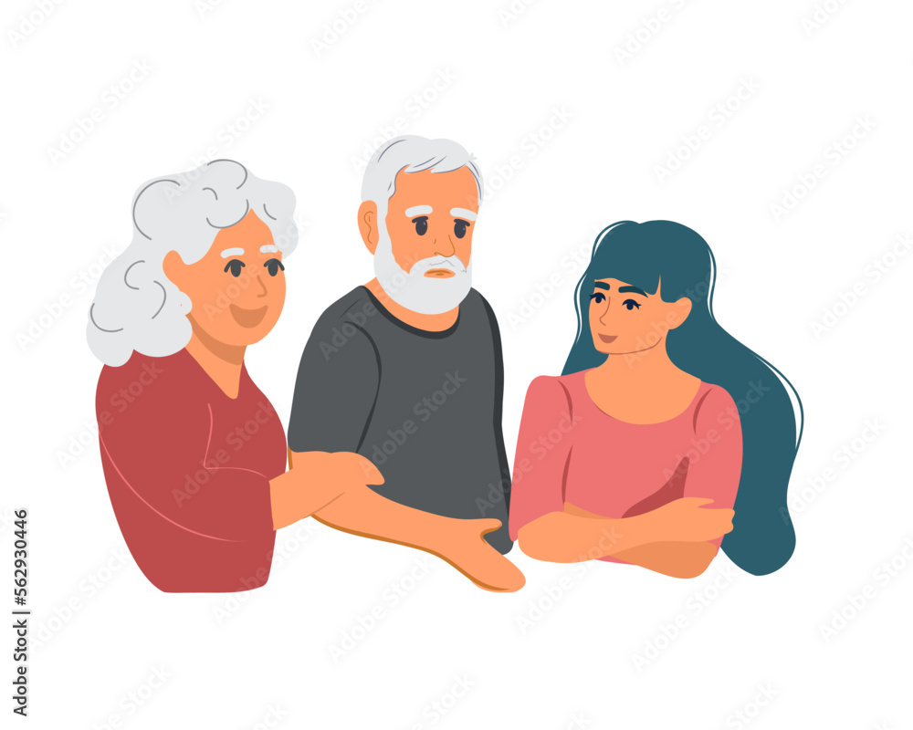 Elderly grandparents are talking to their young daughter or granddaughter. Flat vector illustration Elderly grandparents are talking to their young daughter or granddaughter. Flat vector illustration