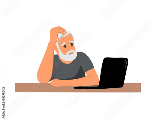 An elderly man with incomprehension sits at a computer. Flat vector illustration