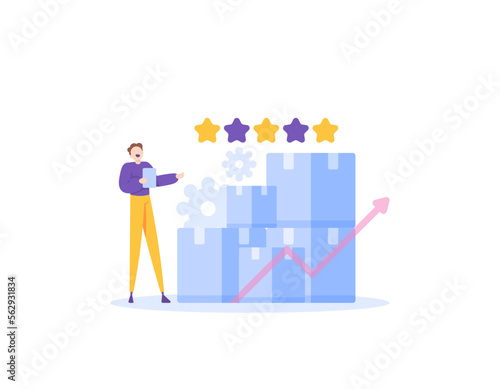 management and improve product quality. a product manager. warehouse and inventory supervisor. control and manage products. premium products and 5 stars. illustration concept design. graphic elements