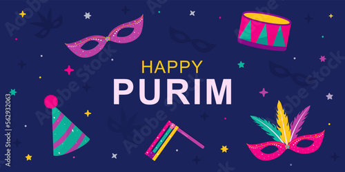 Happy Purim carnival. Vector greeting card for Purim holiday. Carnival mask. Jewish holiday. Jewish holiday Purim. Hamantaschen cookies. Vector flat illustration. Grager ratchet. Purim party elements.