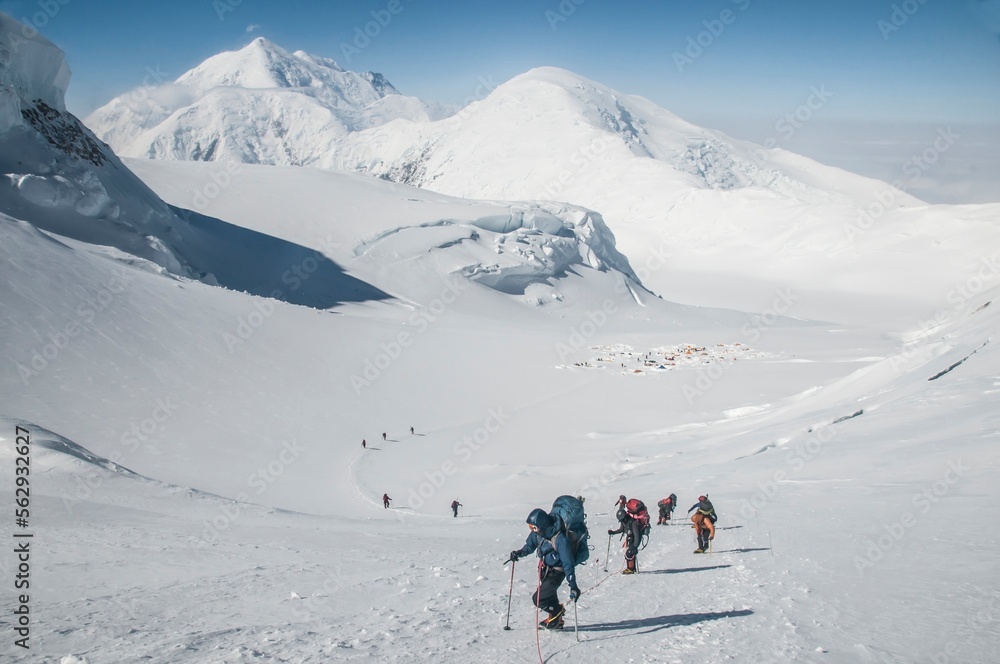 Climbers ascend Motorcycle Hill on Denali's West Buttress Route. Climbers ascend Motorcycle Hill on Denali's West Buttress Route.