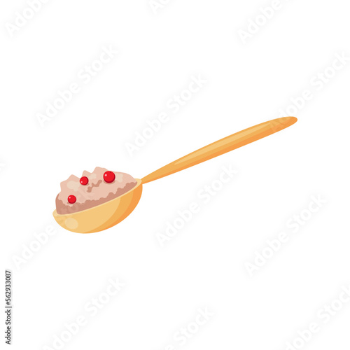 Spoon of oatmeal porridge for breakfast cartoon illustration. Spoon full of porridge with berries. Food, grain, healthy lifestyle, nourishment concept