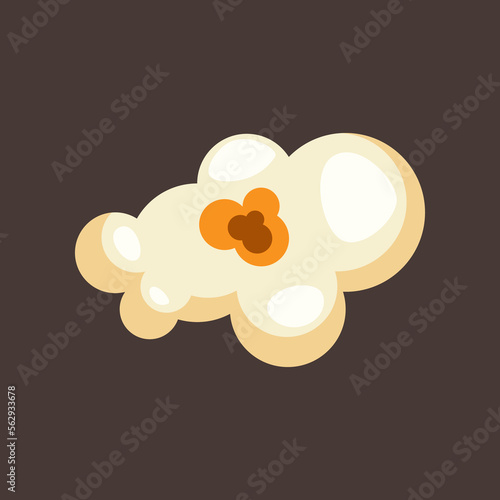 One sweet or salty popcorn piece illustration. Salty or sweet snack from corn or souffle for watching movies isolated on brown background. Food, cinema concept