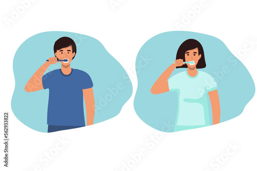 woman, man brushing his teeth. Vector illustration of a flat design. teeth cleaning, healthy teeth. concept.
