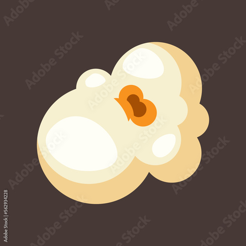 One sweet or salty popcorn piece vector illustration. Salty or sweet snack from corn or souffle for watching movies isolated on brown background. Food, cinema concept