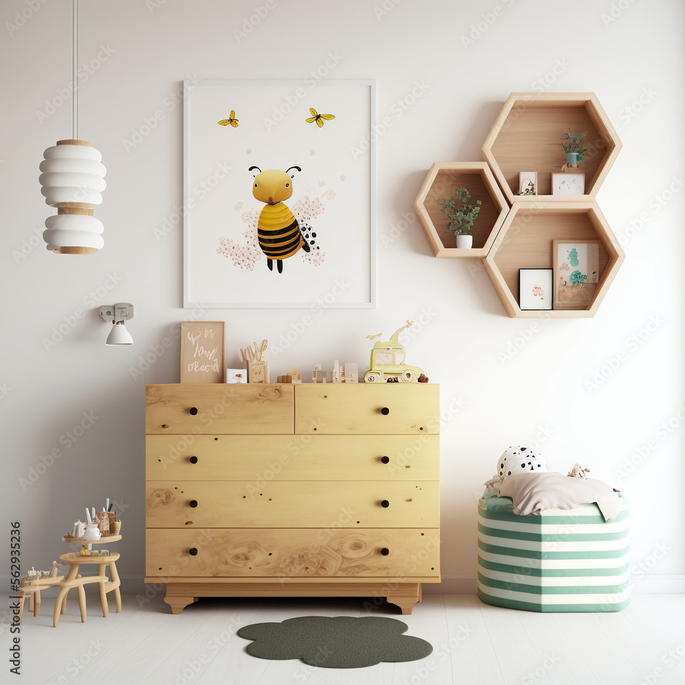 children's room in bee style, honeycomb, generative AI  - obrazy, fototapety, plakaty 