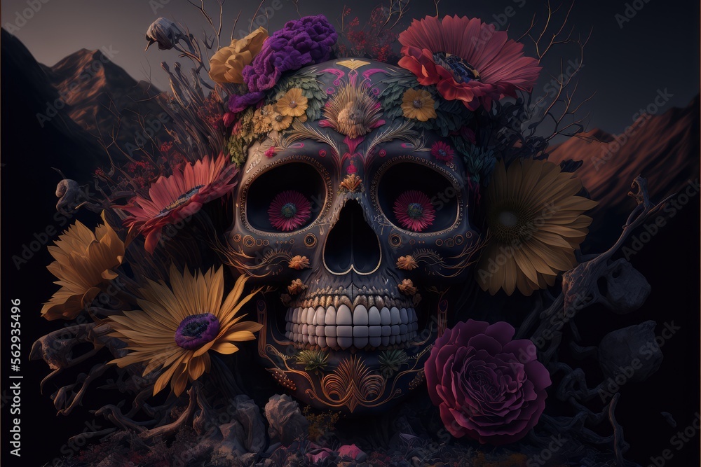 La Santa Muerte. Mexican Skull adorned with flowers. Calavera Grim Reaper - Floral sugar skull grim reaper. This image was created with generative AI La Santa Muerte. Mexican Skull adorned with flowers. Calavera Grim Reaper - Floral sugar skull grim reaper. This image was created with generative AI