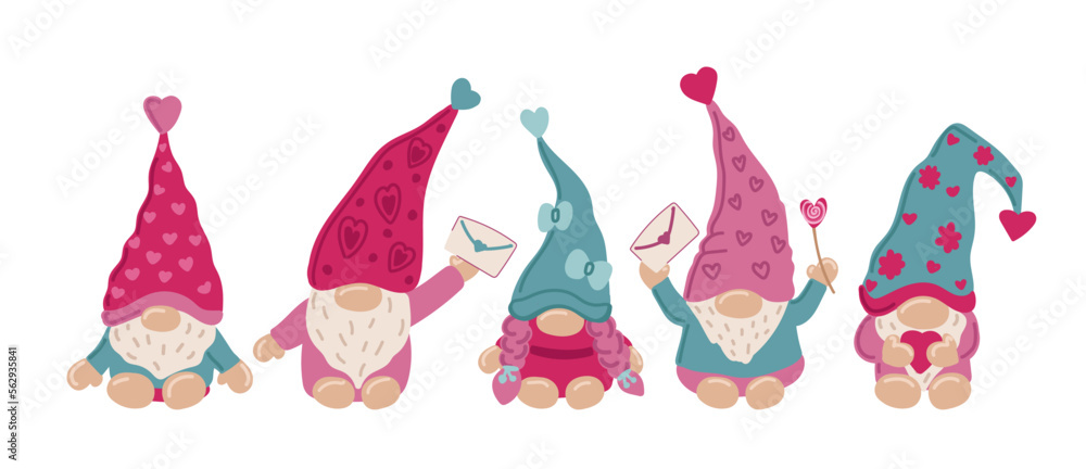 Valentine s day Gnomes set on white background. Scandinavian Nordic Gnome collection. Valentine red dwarf showing hand heart, flowers, balloon. T shirt design, print, mug. Vector illustration.