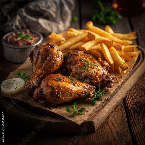 Obraz na płótnie Baked chicken wings and nuggets on a wooden table, next to fries and other side dishes, generative AI w salonie