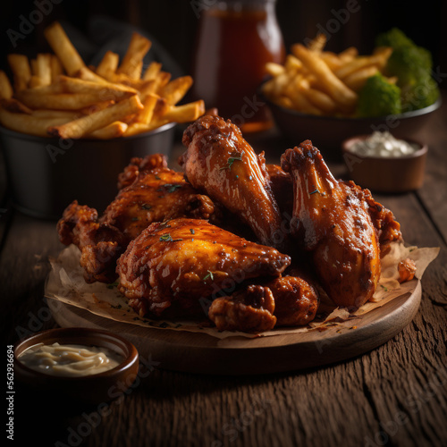 Baked chicken wings and nuggets on a wooden table, next to fries and other side dishes, generative AI 