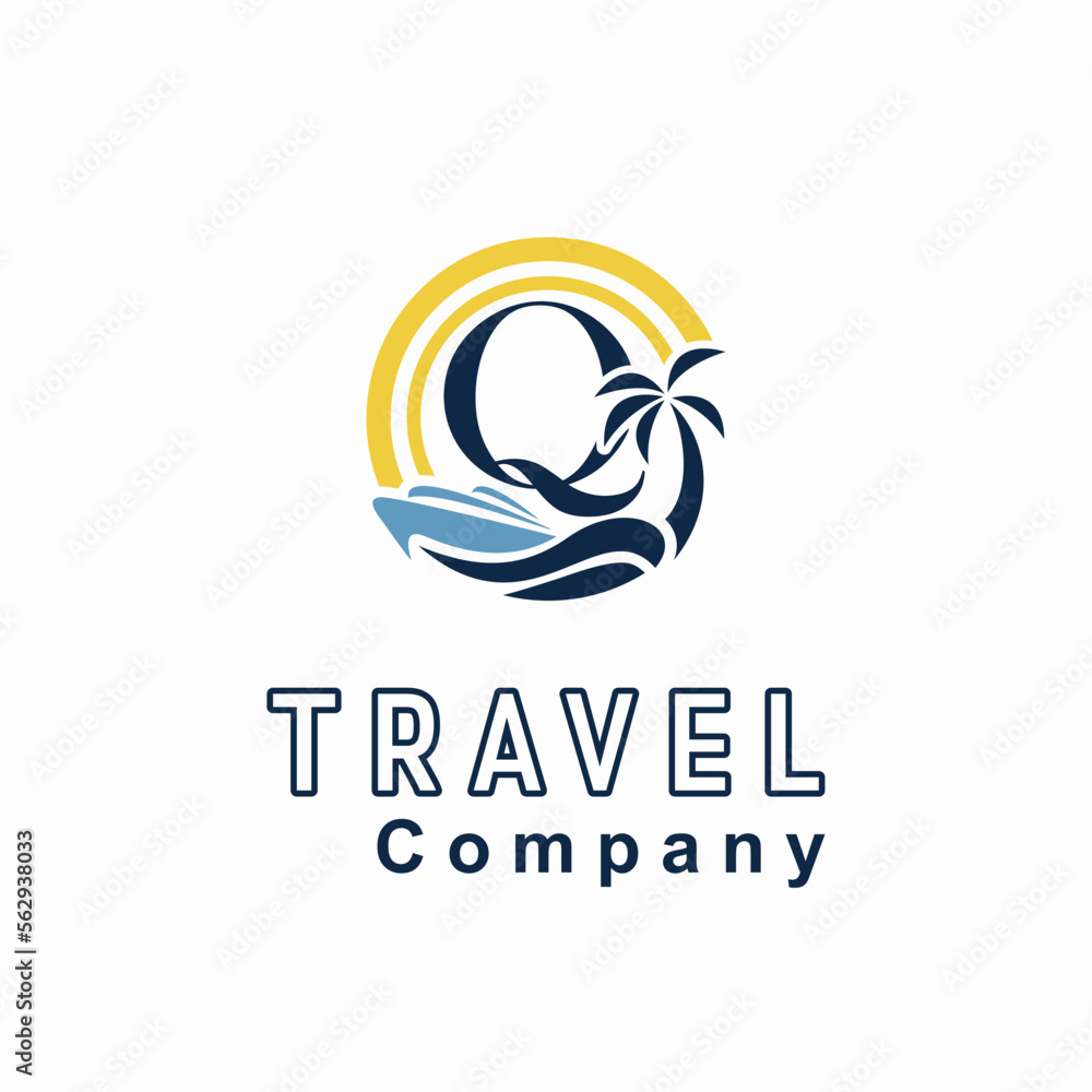 Initial Q Letter With Coconut Palm Tree, Marine Ship, Sun Icon for Travel Guide Business Logo Idea Template Initial Q Letter With Coconut Palm Tree, Marine Ship, Sun Icon for Travel Guide Business Logo Idea Template