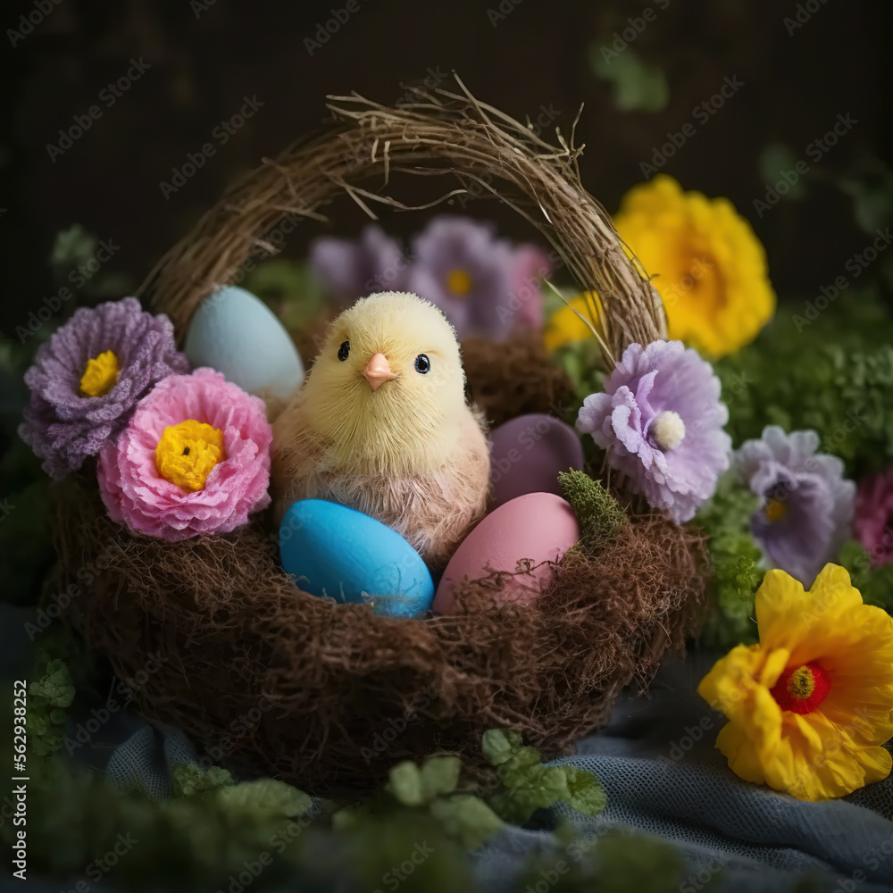 Happy Easter. Cute easter chick with easter eggs. Generative AI - obrazy, fototapety, plakaty 