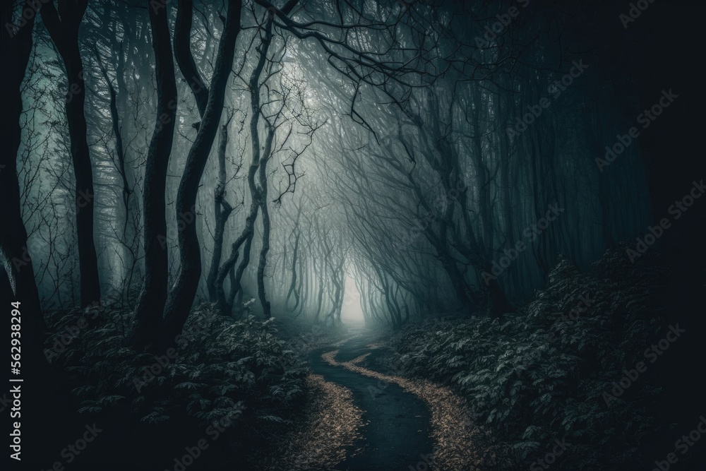 Obraz premium foggy forest with a trail and overreaching branches, generative ai composite