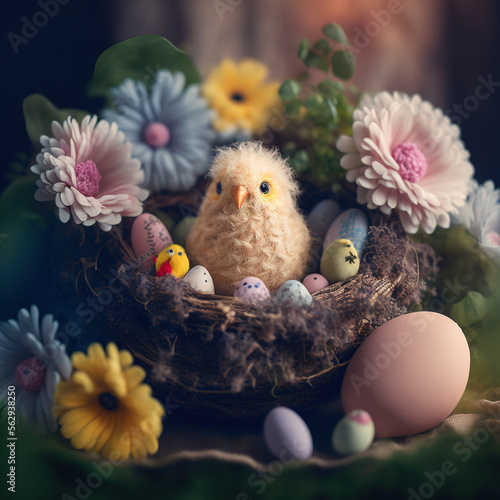 Happy Easter. Cute easter chick with easter eggs. Generative AI