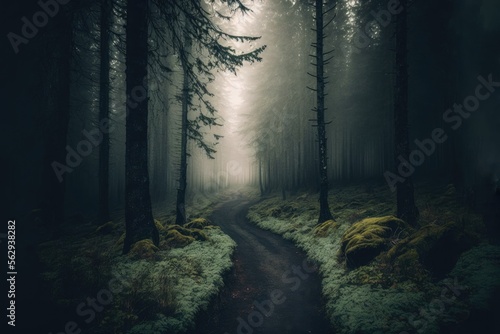 lush green forest with path on a misty morning, generative ai composite © E 