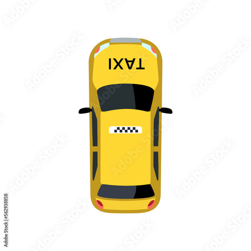 Taxi car top view vector illustration. Taxi cab top view, yellow car isolated on white background. Traveling, transportation concept