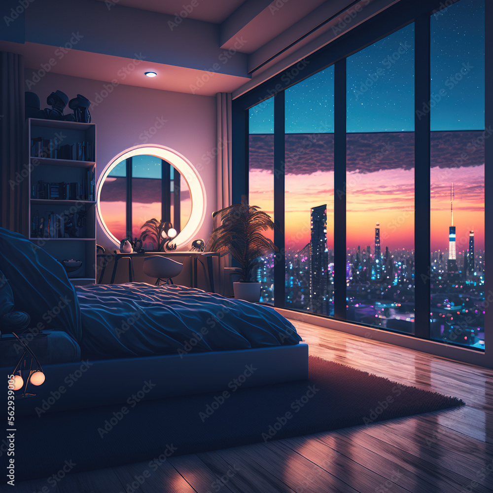 Interior design, bedroom with large window and view of the city at night, generative AI - obrazy, fototapety, plakaty 