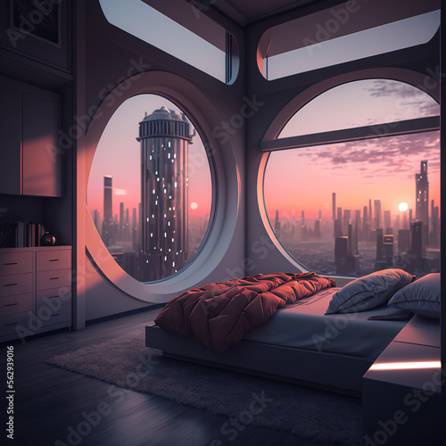 Interior design, bedroom with large window and view of the city at night, generative AI