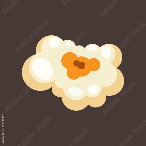 Piece of popcorn illustration. Salty or sweet snack from corn or souffle for watching movies isolated on brown background. Food, cinema concept