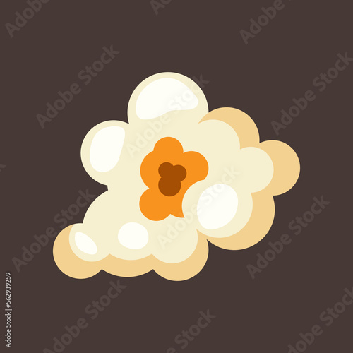 Piece of salty or sweet popcorn illustration. Salty or sweet snack from corn or souffle for watching movies isolated on brown background. Food, cinema concept